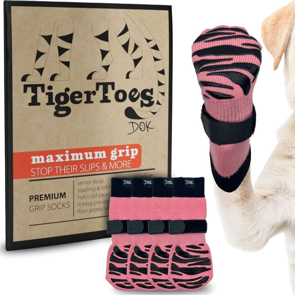 DOK TigerToes Non-Slip Dog Socks - Extra-Thick Grip (Sassy Pink, Large)